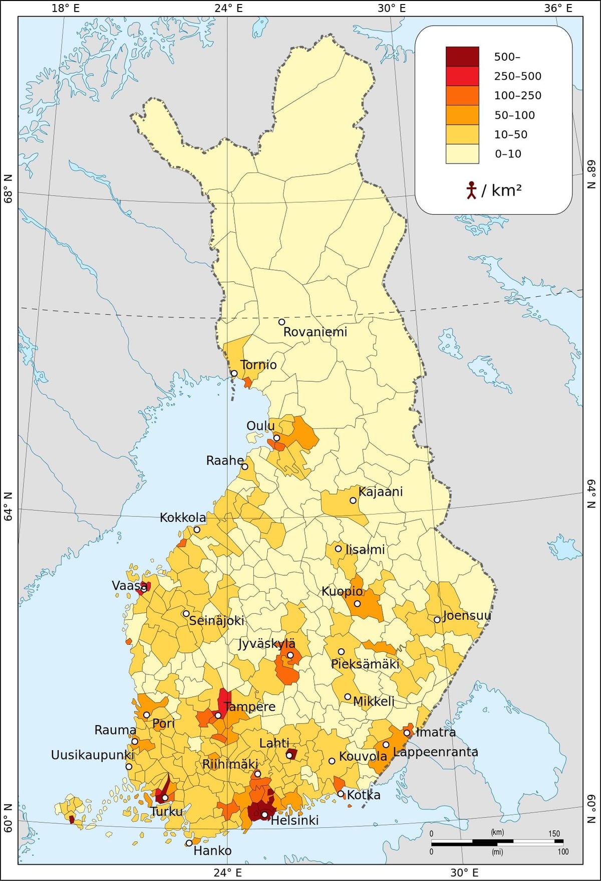 Finlandia mapa gęstości zaludnienia 